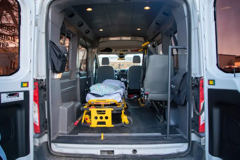Stretcher inside a Basin Medical transport van